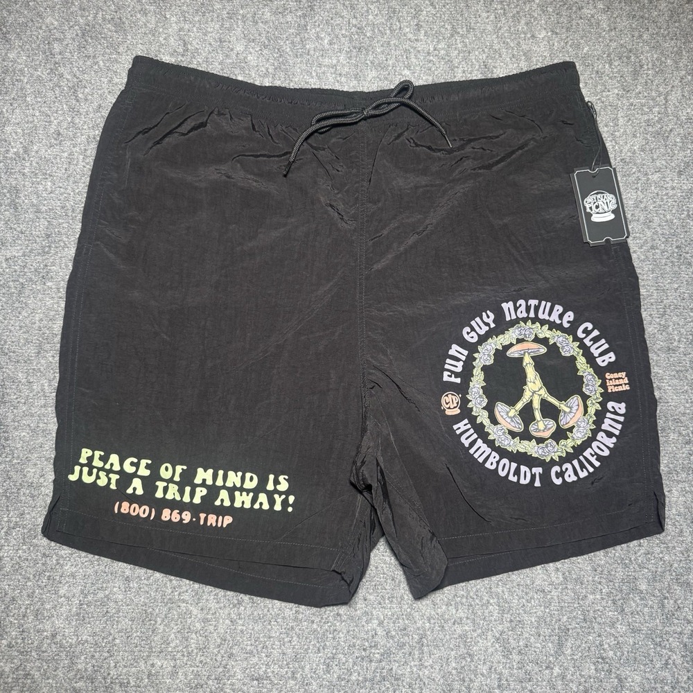 Coney Island Picnic Nylon Gym/Board Shorts Men XXL Black Mushroom Trip Cali NWT